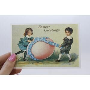 Easter Greetings, Adorable Children Rolling Easter Egg, 1900s, Antique Postcard,